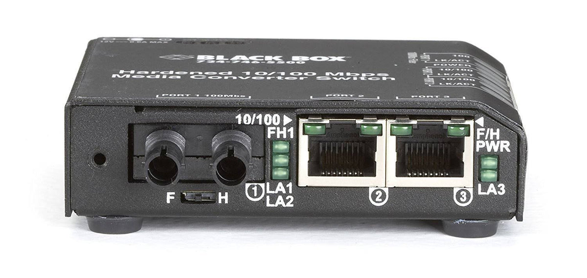 Black Box Hardened Media Converter Switch 12-VDC - RJ-45 to ST Multi-Mode Fiber Media Converter - 100 Mbps N772893