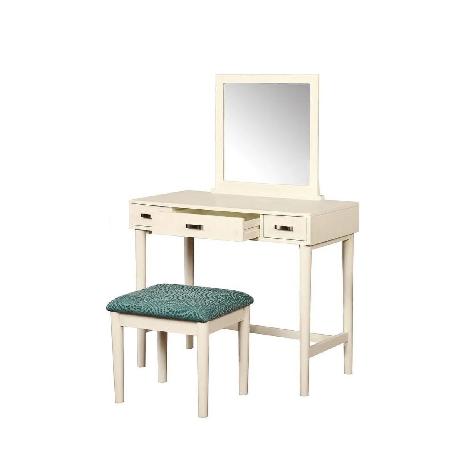 Off-White 3-Drawer Vanity Set with Green Swirl Upholstered Stool S9557