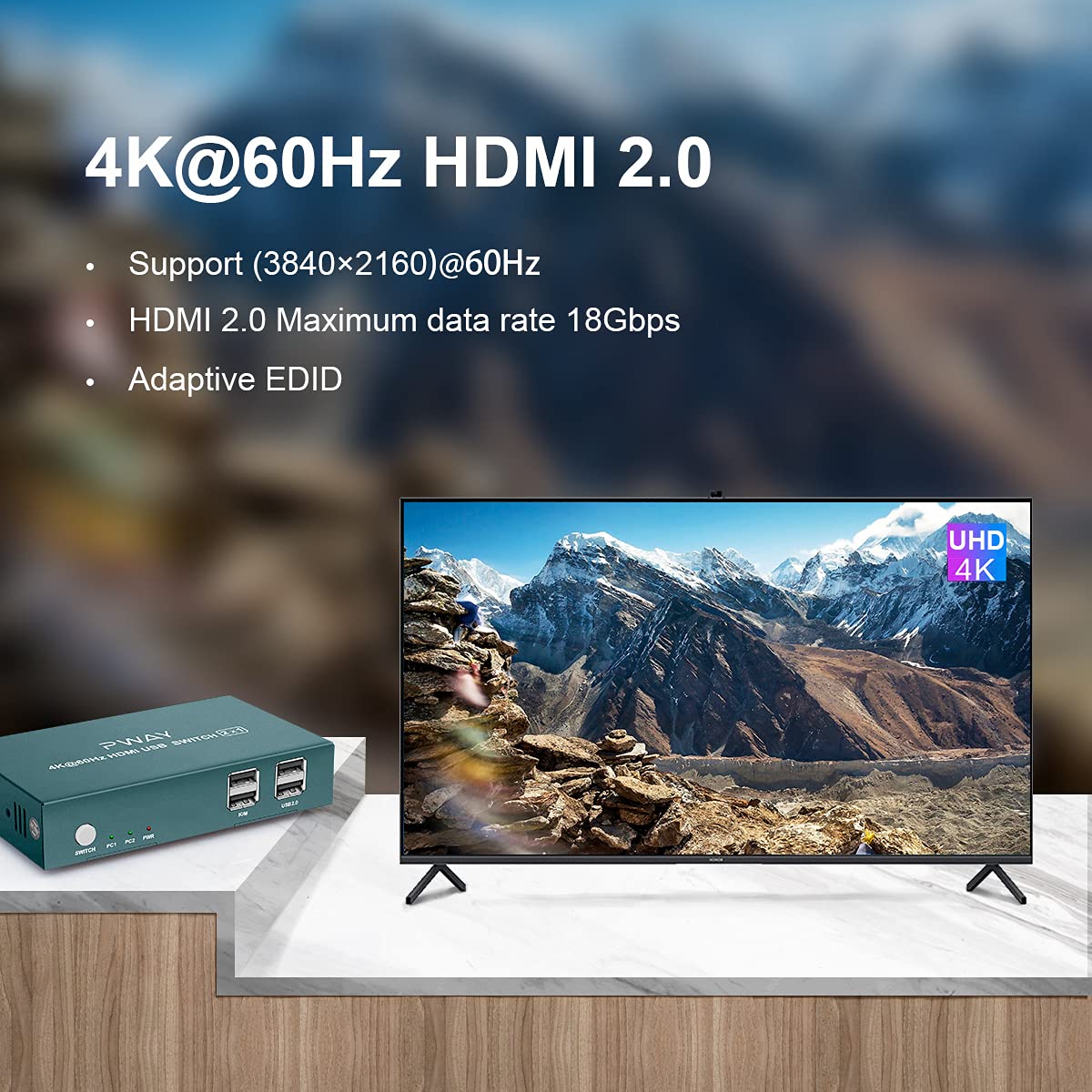 KVM Switch HDMI 2 Port, 4K@60Hz with 2 USB 2.0 Hub C4858