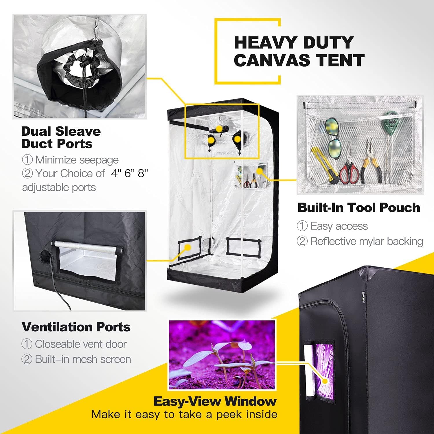 32" x 32" x 63" Grow Tent with Floor Tray, Black Pack of 2 J158
