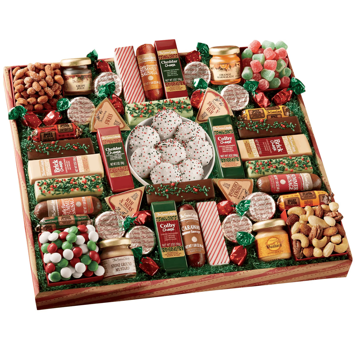 Assorted Summer Sausage Meats, Cheese Bricks and Wedges, Spreadables, Candies, and Chocolate Treats J53230