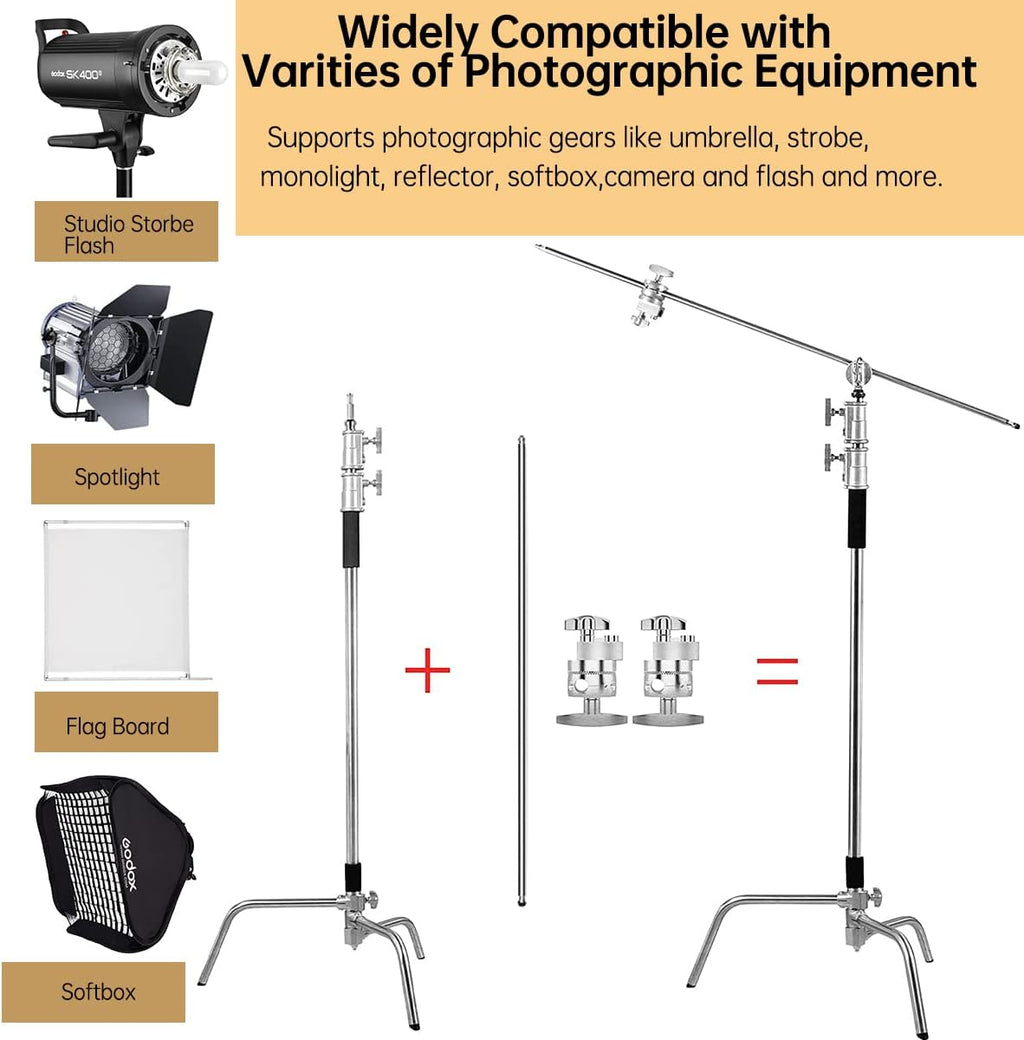 10.8ft Stainless-Steel C Stand with Boom Arm, 2pcs Grip Heads X600210