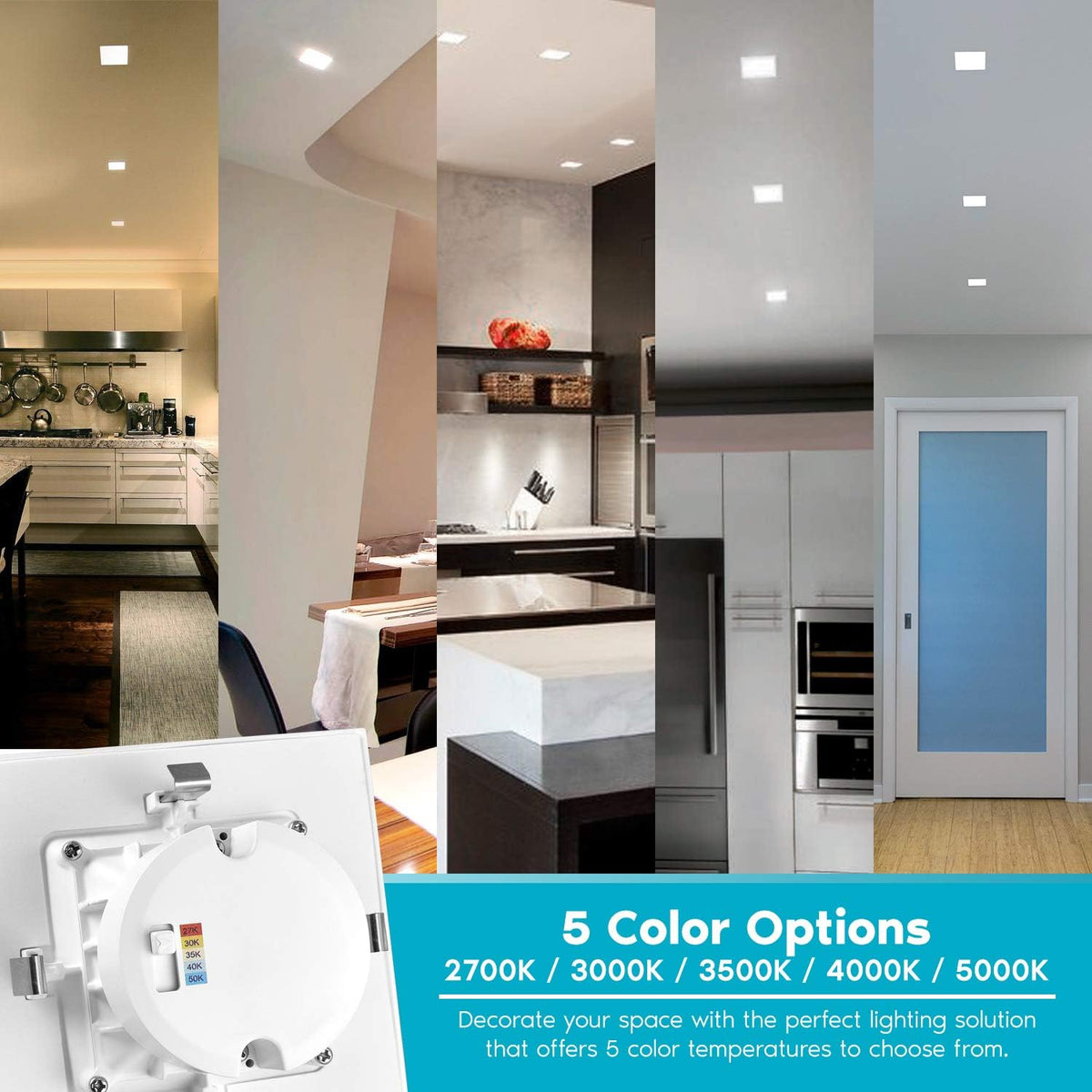 4 Inch Square Recessed LED Can Lights, 750 Lumens, Dimmable, Wet Rated, Baffle Trim, 6 Pack R3672