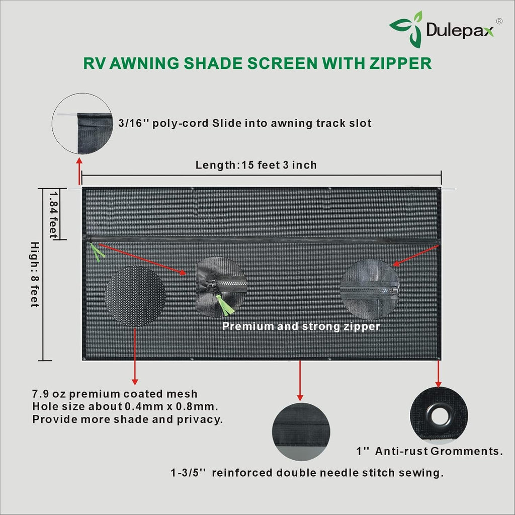 RV Awning Shade Screen with Zipper 8'X15'3'' Universal with Complete Kits N36612