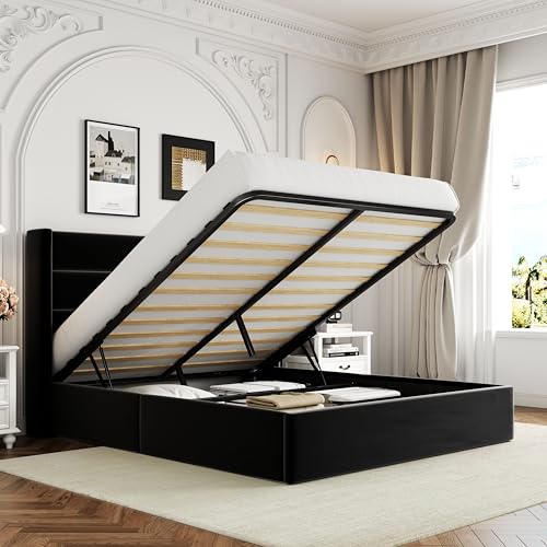 Full Size Lift Up Storage Bed with Wingback Headboard, Light Beige Z576