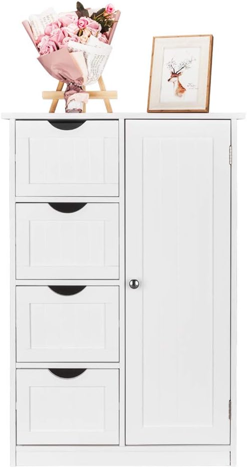 White 4 Drawer Single Door Bathroom Floor Cabinet Y6451