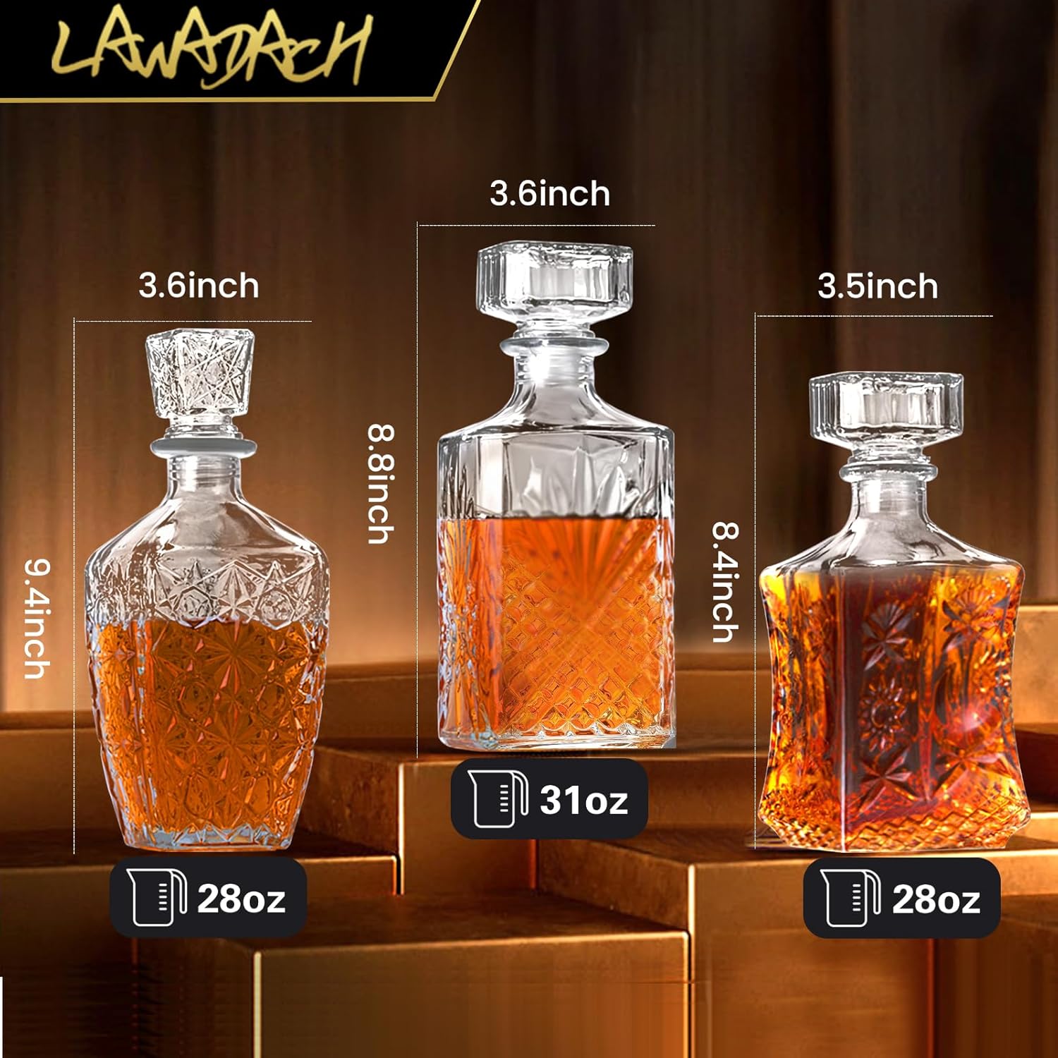 Glass Whiskey Decanter Set of 3 (28oz*2, 31oz*1) I854