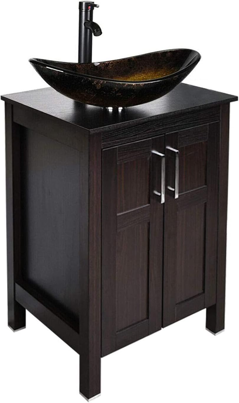 Dark Coffee 24 Inches Single Bathroom Vanity with 2-Door Cabinet and Tempered Glass Sink Top Q1186