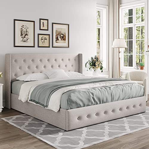 Full Size Lift Up Storage Bed with Wingback Headboard, Light Beige Z576