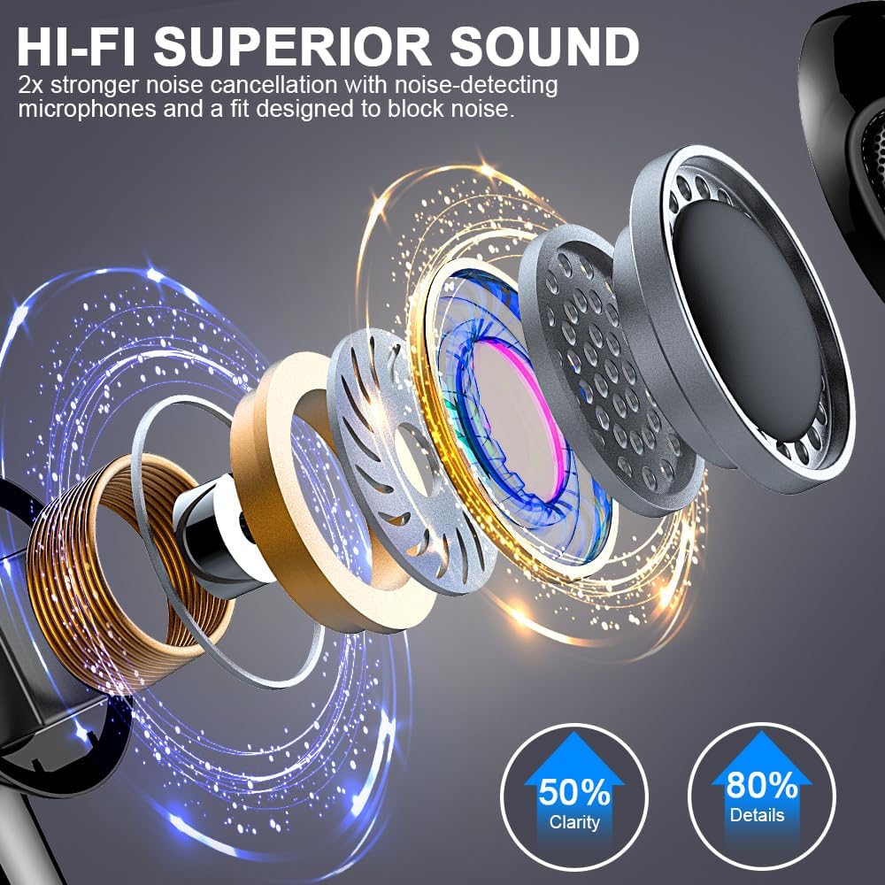 Wireless Earbuds Bluetooth 5.3 50H Playback Hi-Fi Stereo 4 ENC Mics LED Display Charging Case IP7 Waterproof I9082