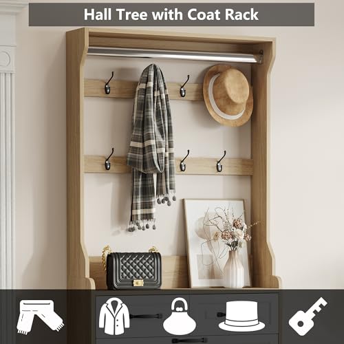 Rustic White Wooden Hall Tree with 5 Coat Hooks and 2 Shoes Cabinets J453726