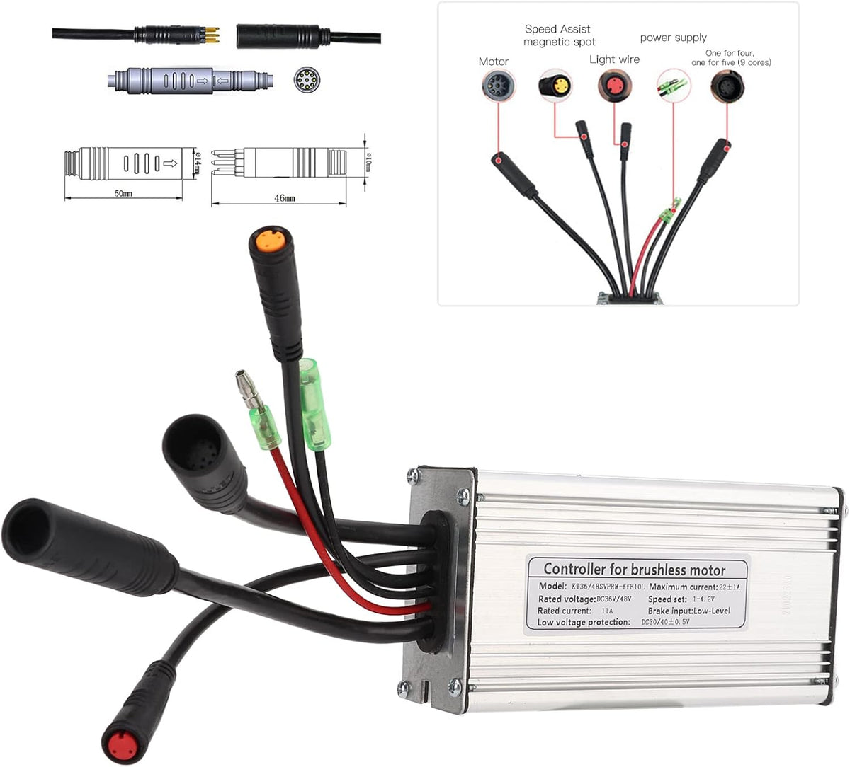 Motor Brushless Controller, 36V/48V 22A Waterproof Sine Wave Motor Controller for 500W Motor E-Bike D88119