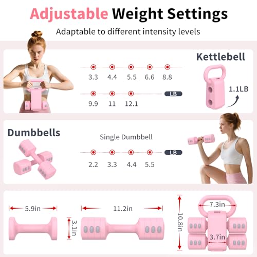 2-in-1 Adjustable Dumbbells Set, 4 Levels Weight, Each 2.2/3.3/4.4/5.5lb Hand Weights with Kettlebell Form X6452
