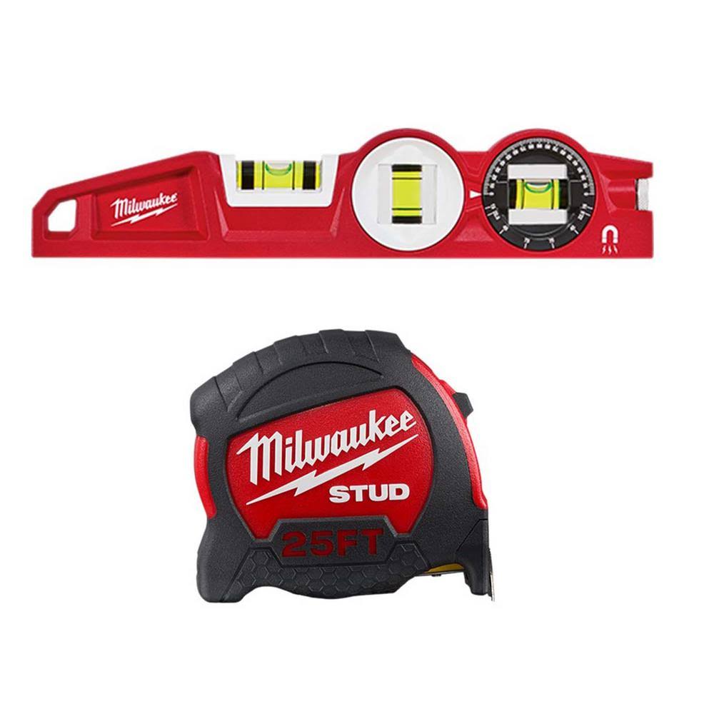 10 in. 360-Degree Locking Die Cast Torpedo Level with 25 ft. Stud Tape Measure J6994