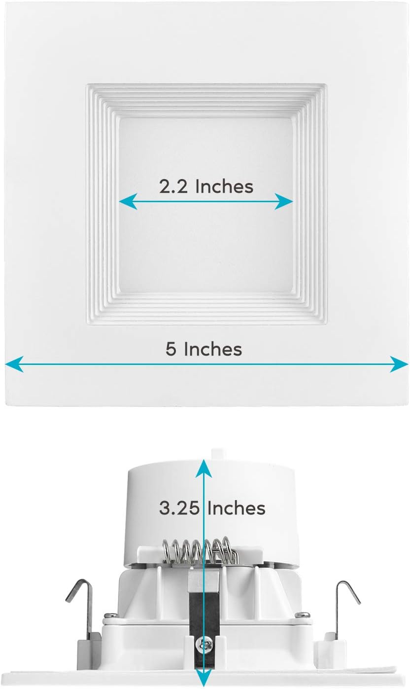 4 Inch Square Recessed LED Can Lights, 750 Lumens, Dimmable, Wet Rated, Baffle Trim, 6 Pack R3672