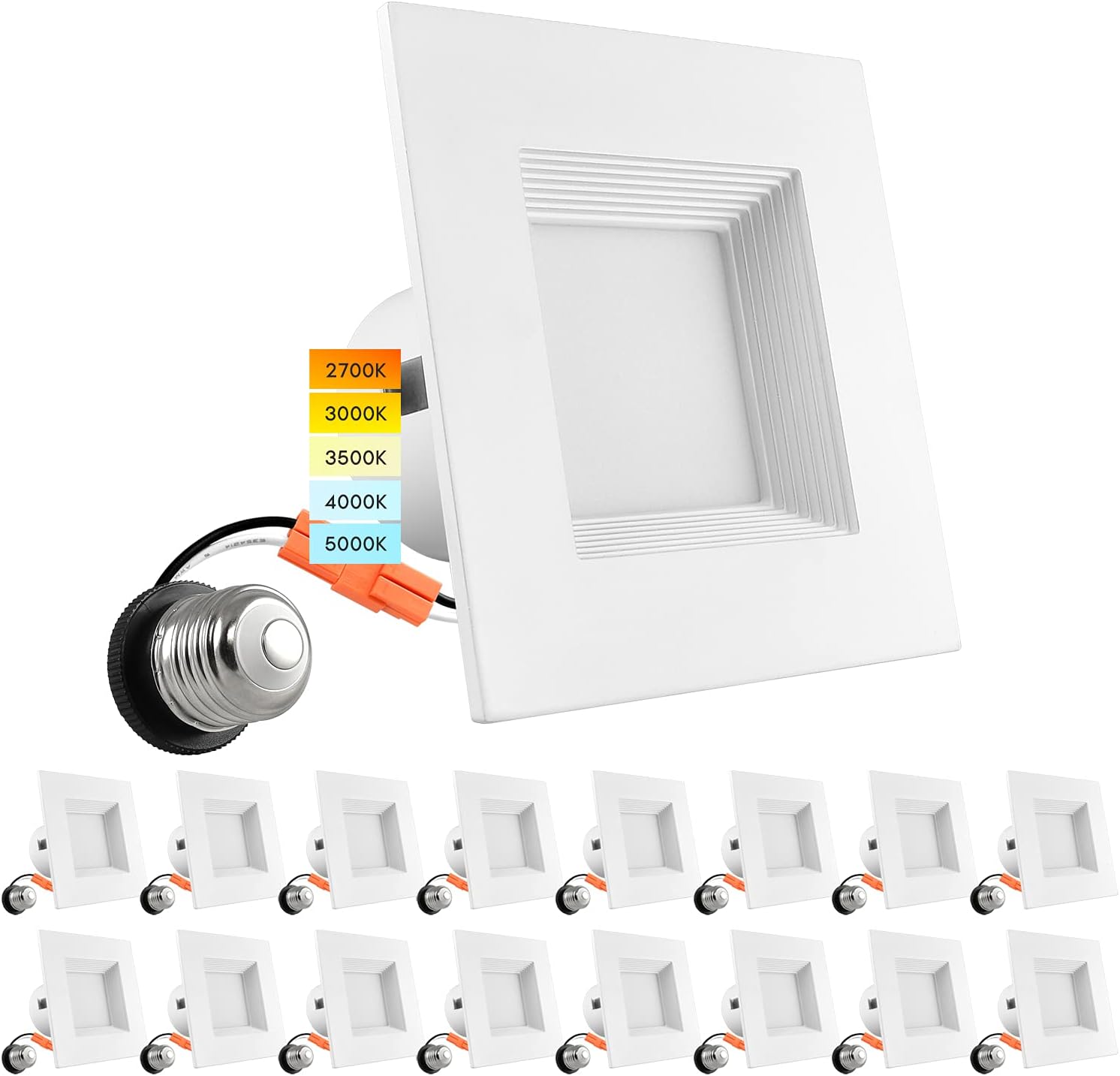 4 Inch Square Recessed LED Can Lights, 750 Lumens, Dimmable, Wet Rated, Baffle Trim, 6 Pack R3672
