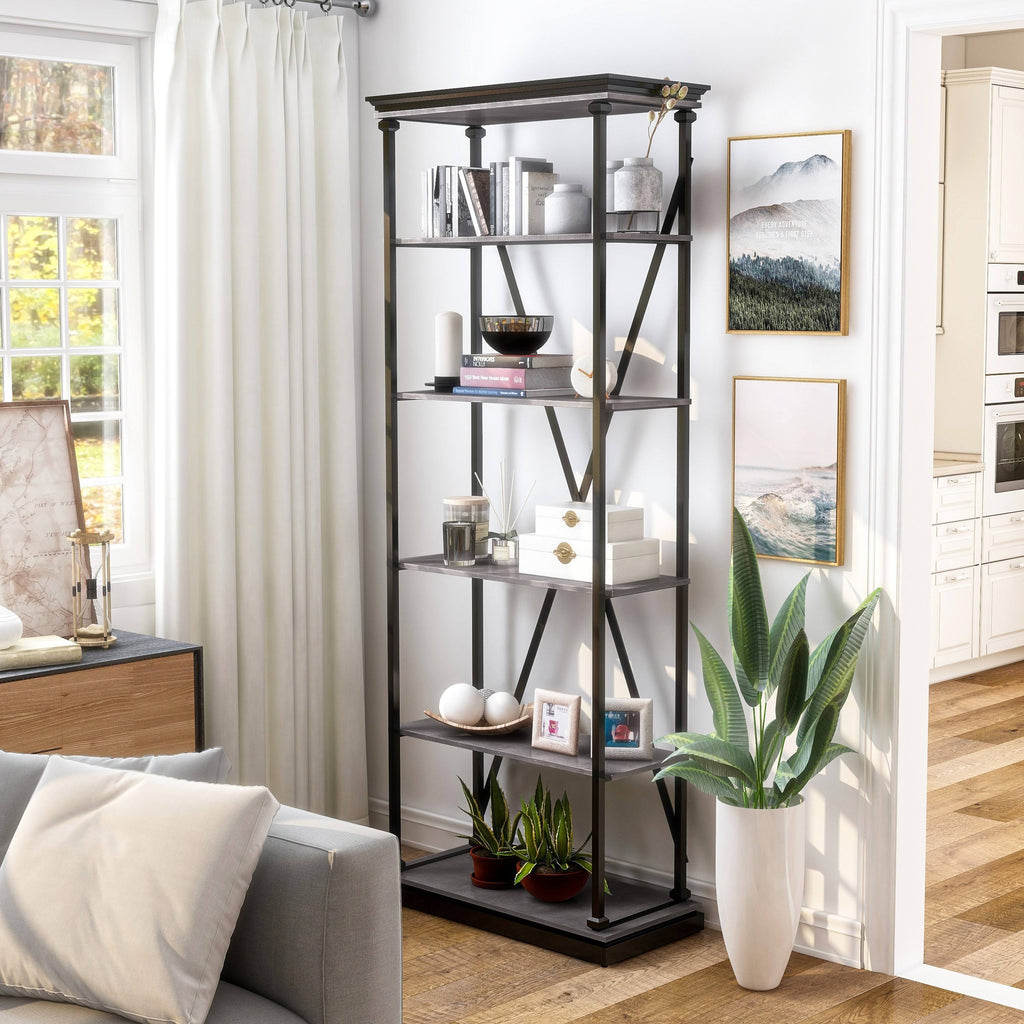 Dark Oak 5 Layer Metal Bookcase Q314060