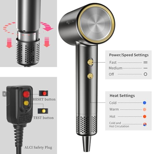 Hair Dryer with Diffuser, 110,000 RPM Brushless High-Speed, 1400W Low Noise Thermo-Control, Magnetic Nozzle and Wall Mount Holder K80109