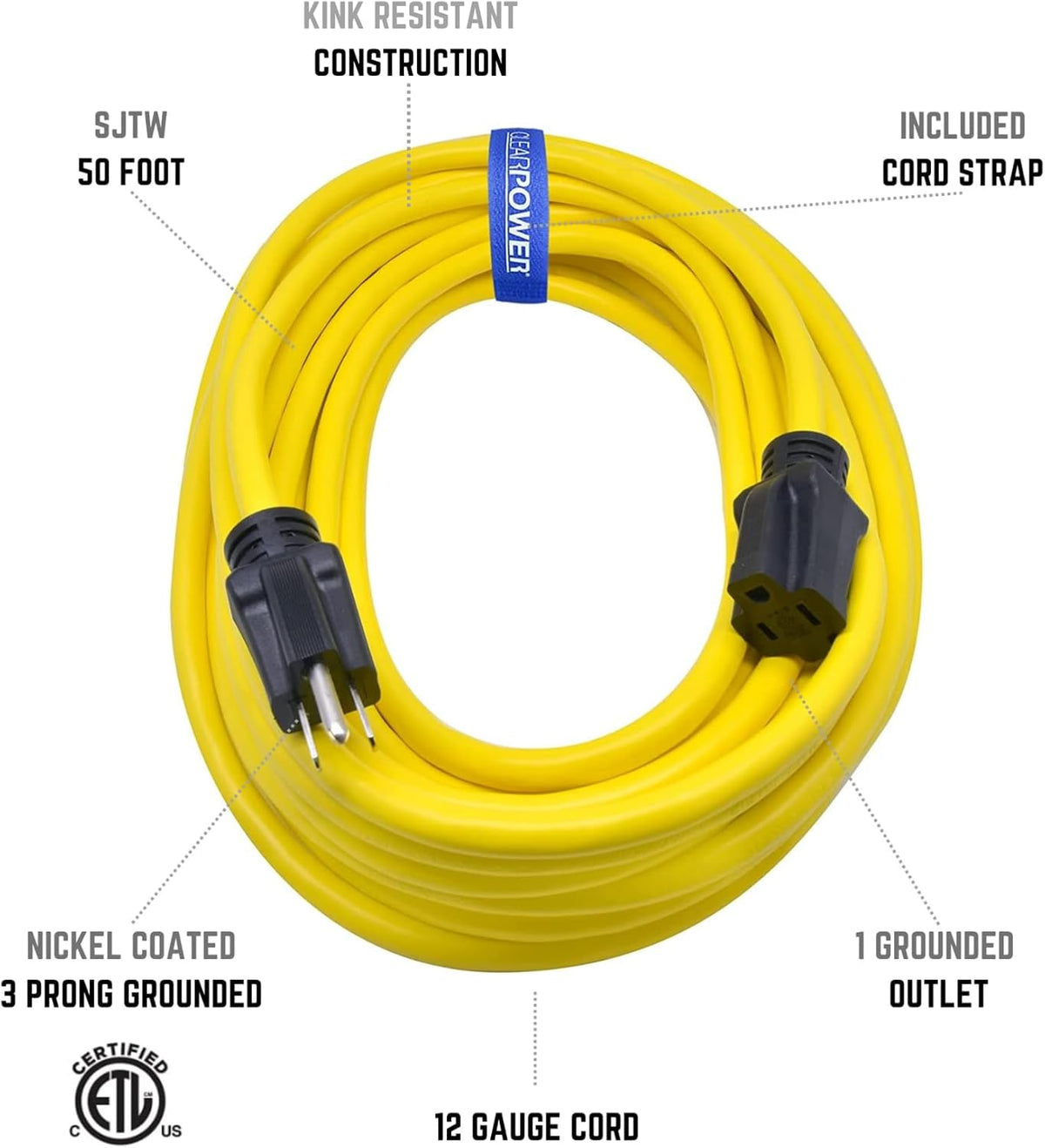 50 ft Heavy Duty Outdoor Extension Cord 12/3 SJTW, Yellow, 3 Prong Grounded Plug C704490