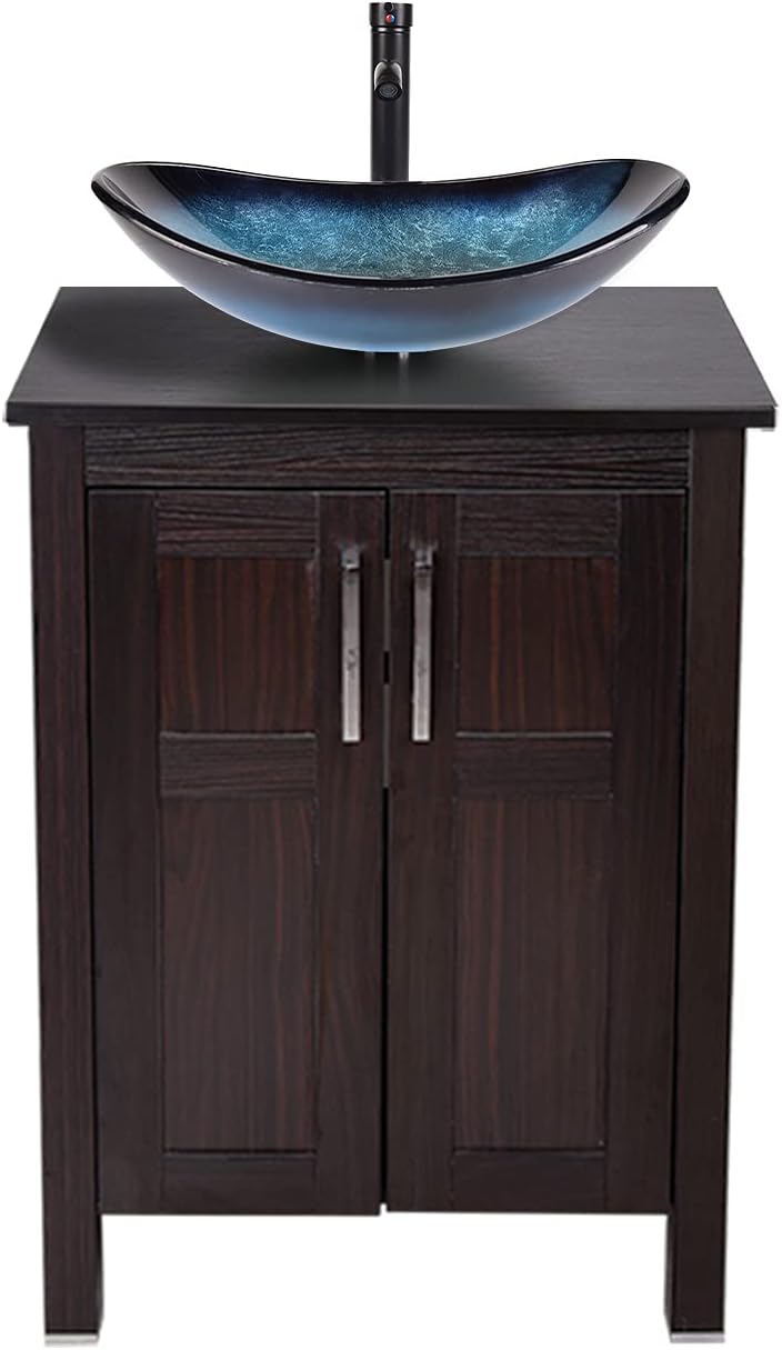 Dark Coffee 24 Inches Single Bathroom Vanity with 2-Door Cabinet and Tempered Glass Sink Top Q1186