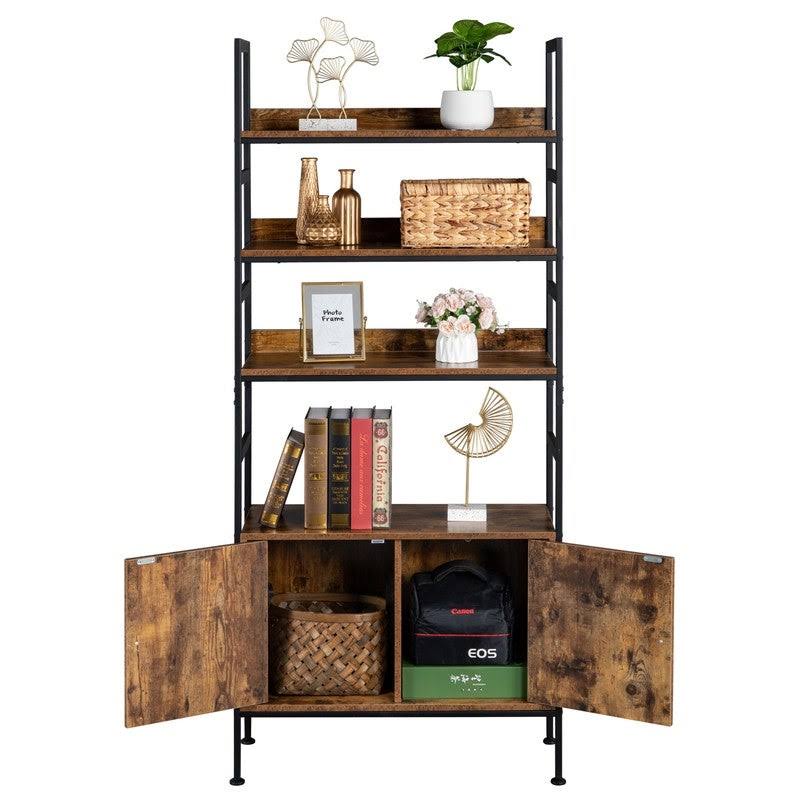 4-Tier Industrial Bookcase with Cabinets - Brown W14492