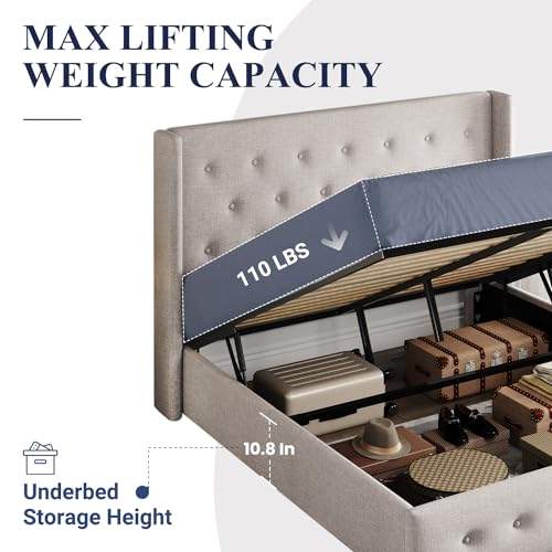 Full Size Lift Up Storage Bed with Wingback Headboard, Light Beige Z576