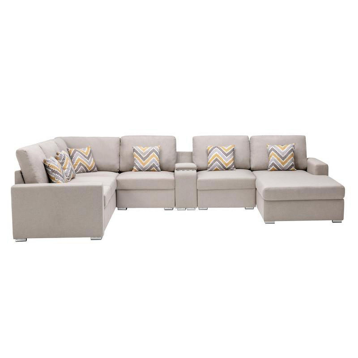 Beige Fabric Reversible Sectional with Charging Port and Storage Console O1857