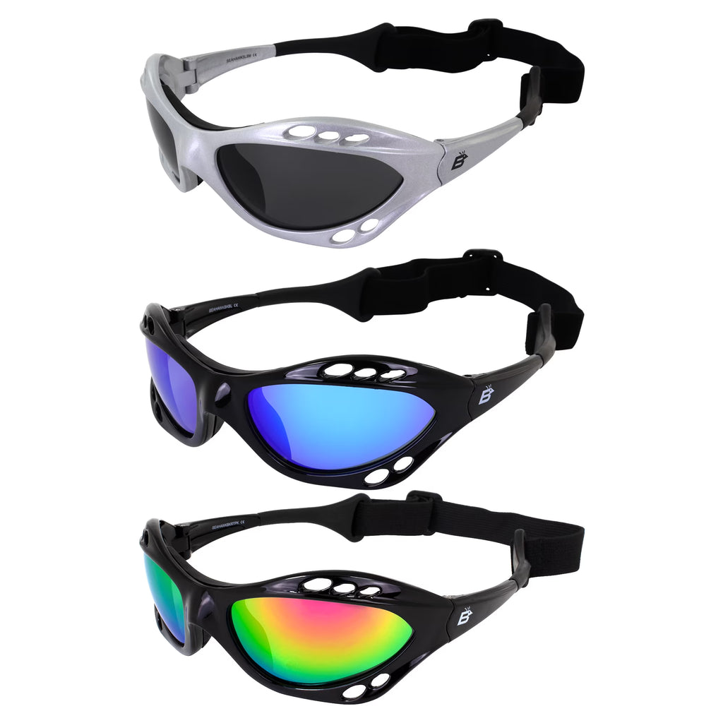 3 Pairs Padded Polarized Sunglasses w/Strap Silver Frame w/Smoke Lens & Black Frames w/Blue & Pink Mirror Lenses U96080