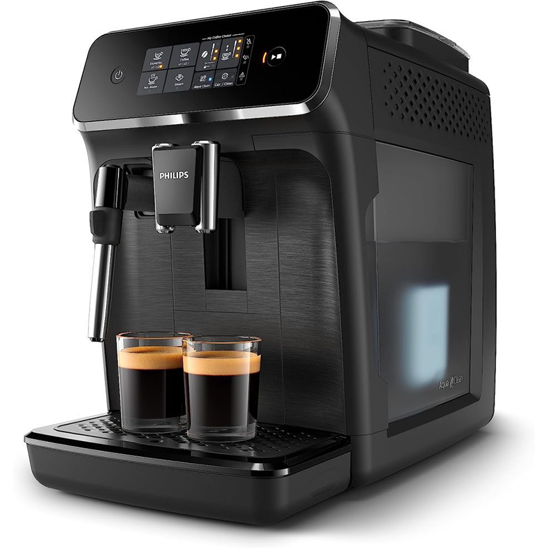 Black fully automatic espresso machine with milk frother R737