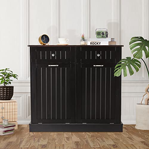 White Wooden Tilt Out Trash Cabinet with Hideaway Drawer and Bamboo Cutting Board K892