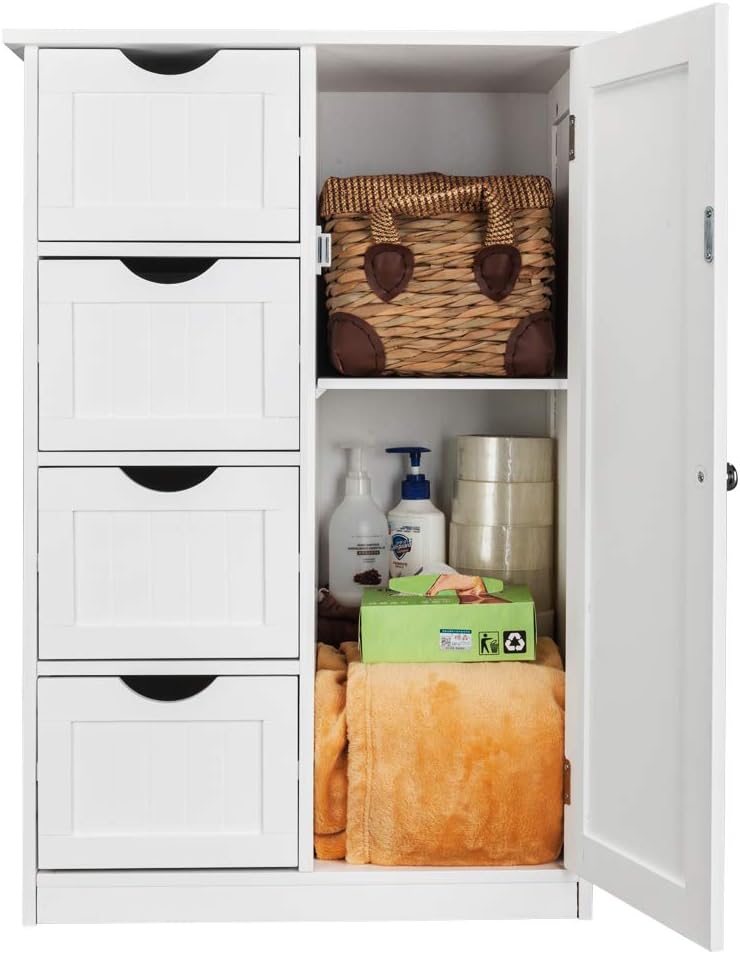 White 4 Drawer Single Door Bathroom Floor Cabinet Y6451