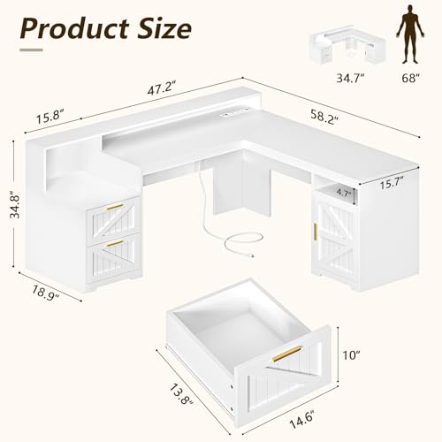 63" L Shaped Executive Desk with Drawers & Storage Shelf, Antique White E395946