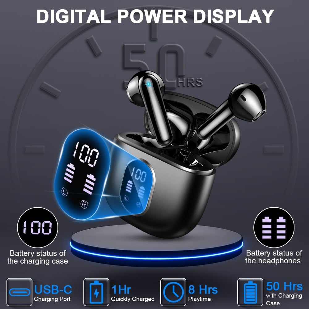Wireless Earbuds Bluetooth 5.3 50H Playback Hi-Fi Stereo 4 ENC Mics LED Display Charging Case IP7 Waterproof I9082
