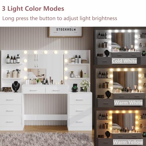 White Vanity Desk with Mirror & Lights, 8 Drawers H633361