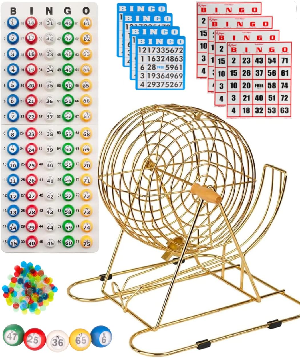 11” Red Bingo Cage with 50 Jumbo Reusable Cards, 18 Standard Bingo Cards, 150 Chips, Master Board, 75 Bingo Balls F314