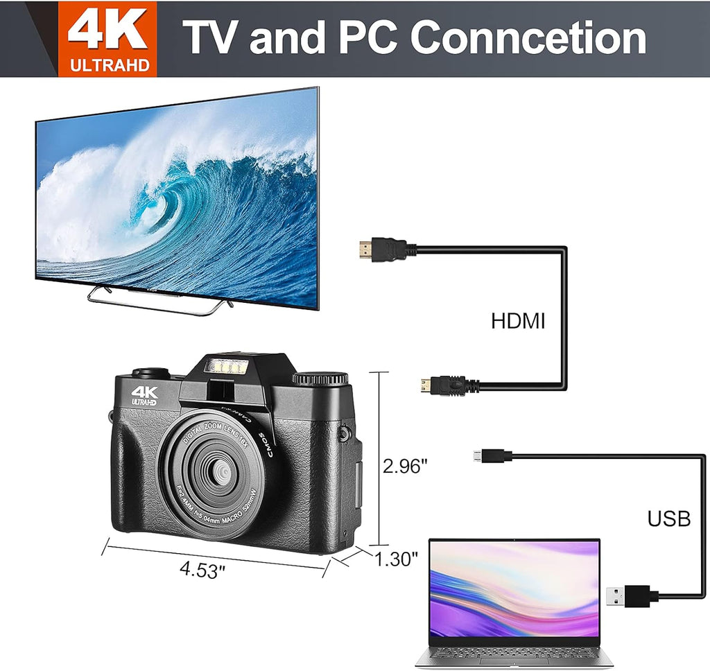 4K Digital Vlogging Camera with WiFi, 48MP, 3.0" IPS Flip Screen, 16X Digital Zoom K258968