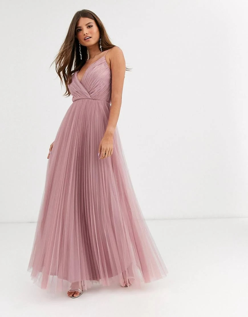 Light rose-Pink Pleat Tulle Maxi Dress B6559