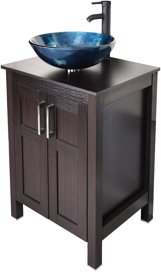 Dark Coffee 24 Inches Single Bathroom Vanity with 2-Door Cabinet and Tempered Glass Sink Top Q1186
