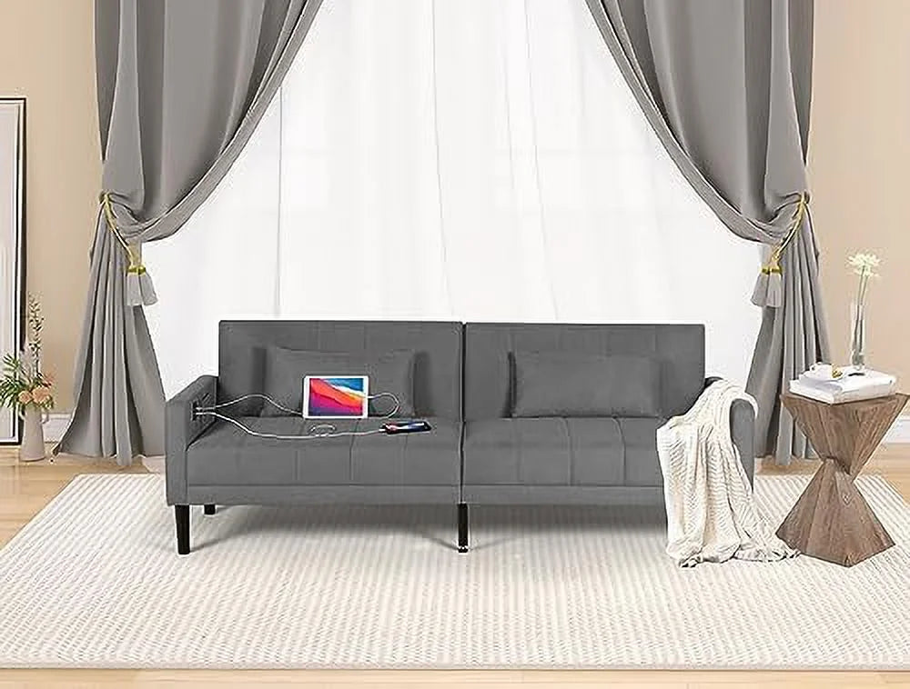 Modern Upholstered Tufted Convertible Folding Futon Sofa Bed with USB O687