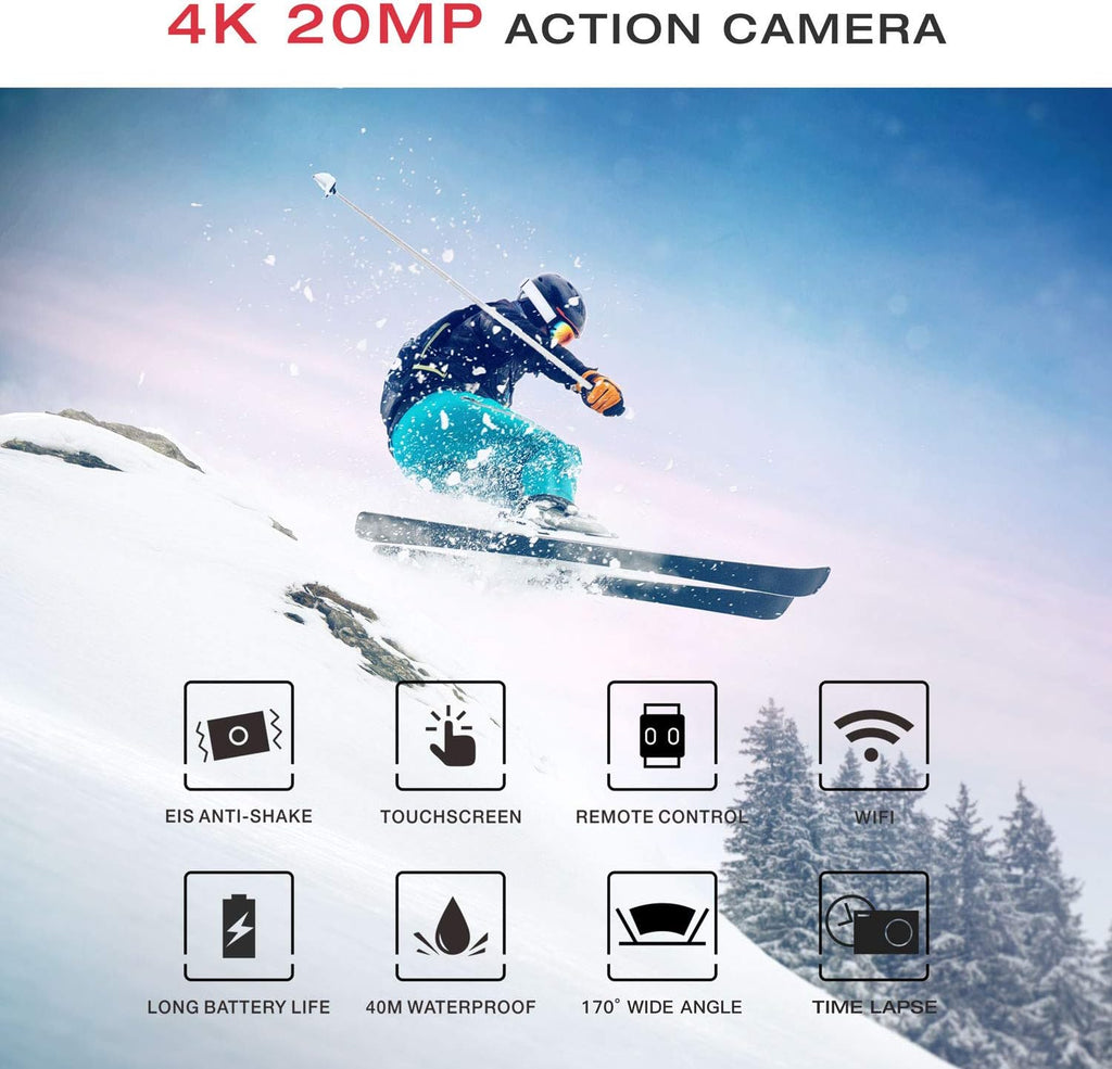 20MP WiFi Waterproof Action Camera with Remote Control and 2 Batteries R206