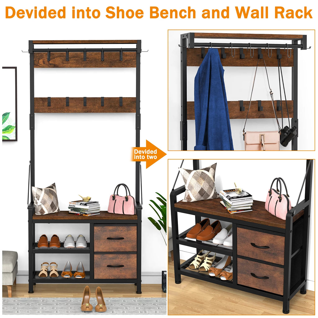 Rustic Brown 4 in 1 Entryway Hall Tree Coat Rack with Shoe Storage Bench 17 Hooks 2 Drawers H89375
