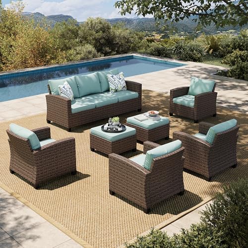 6 Pieces 7 Seats Wicker Patio Furniture Set with Fire Pit Table P28969