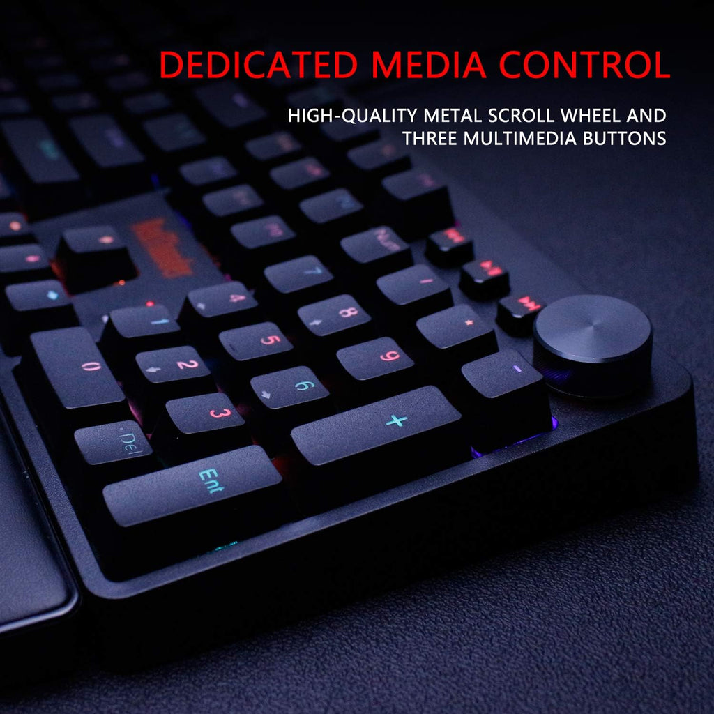 RedThunder K55 Mechanical Gaming Keyboard, Quiet Red Switch, Chroma RGB Lighting, Soft Leather Wrist-Rest, Standard Full Size Wired Keyboard with Dedicated Media Keys & Dial for PC M100683