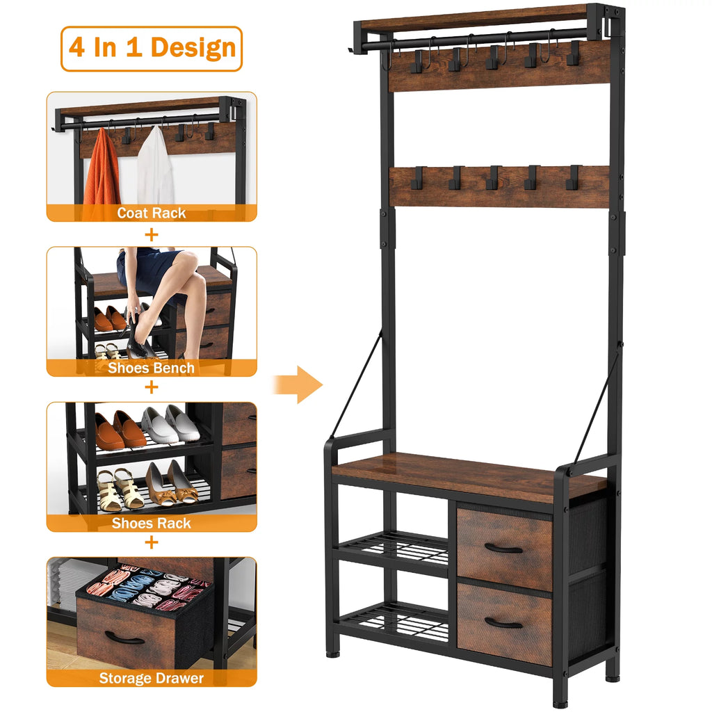 Rustic Brown 4 in 1 Entryway Hall Tree Coat Rack with Shoe Storage Bench 17 Hooks 2 Drawers H89375