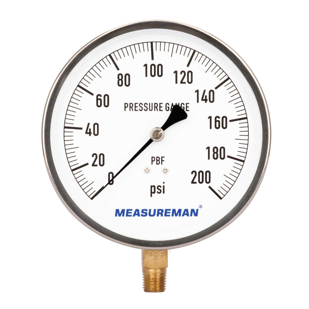 304 Stainless Steel Case Pressure Gauge, 0-200Psi, 4-1/2 Dial Size, 1/4 NPT Lower Mount M4159