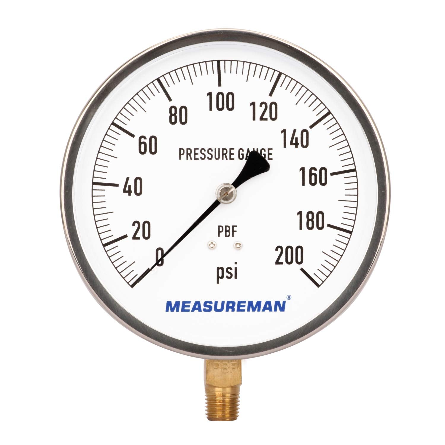304 Stainless Steel Case Pressure Gauge, 0-200Psi, 4-1/2 Dial Size, 1/4 NPT Lower Mount M4159
