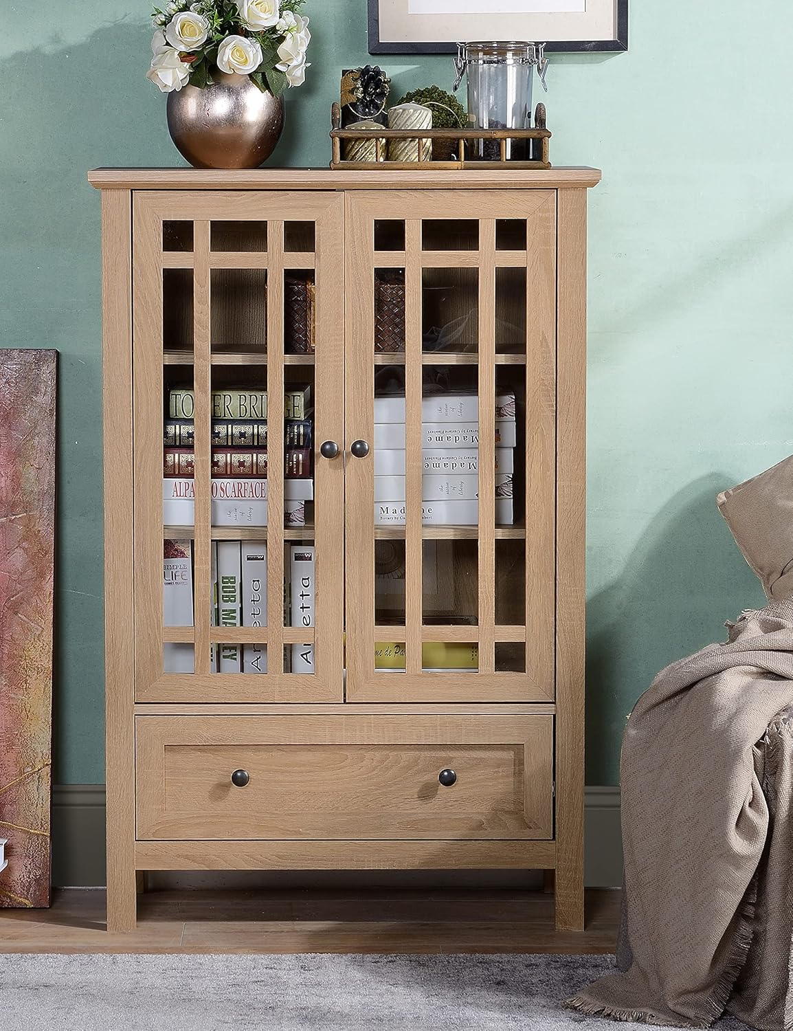 Accent Cabinet, Glass Cabinet, 2 Door and 1 Drawer Storage Cabinet Y774