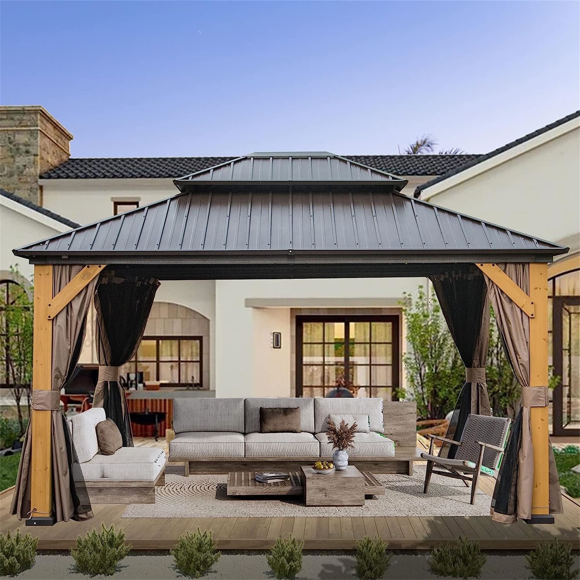 12 x 14 ft Hardtop Gazebo with Galvanized Steel Double Roof and Cedar Wood Frame K66070