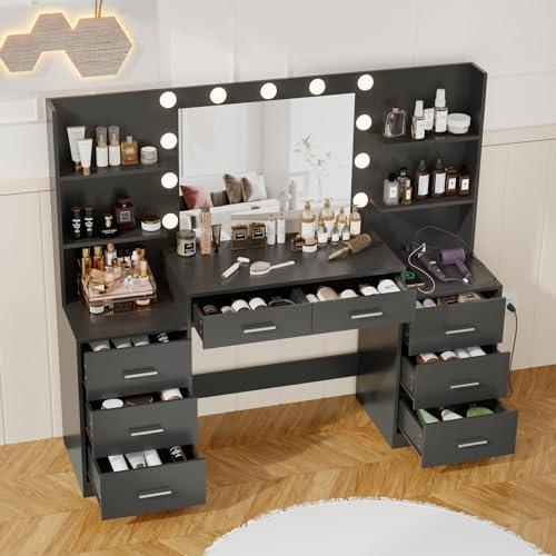 White Vanity Desk with Mirror & Lights, 8 Drawers H633361