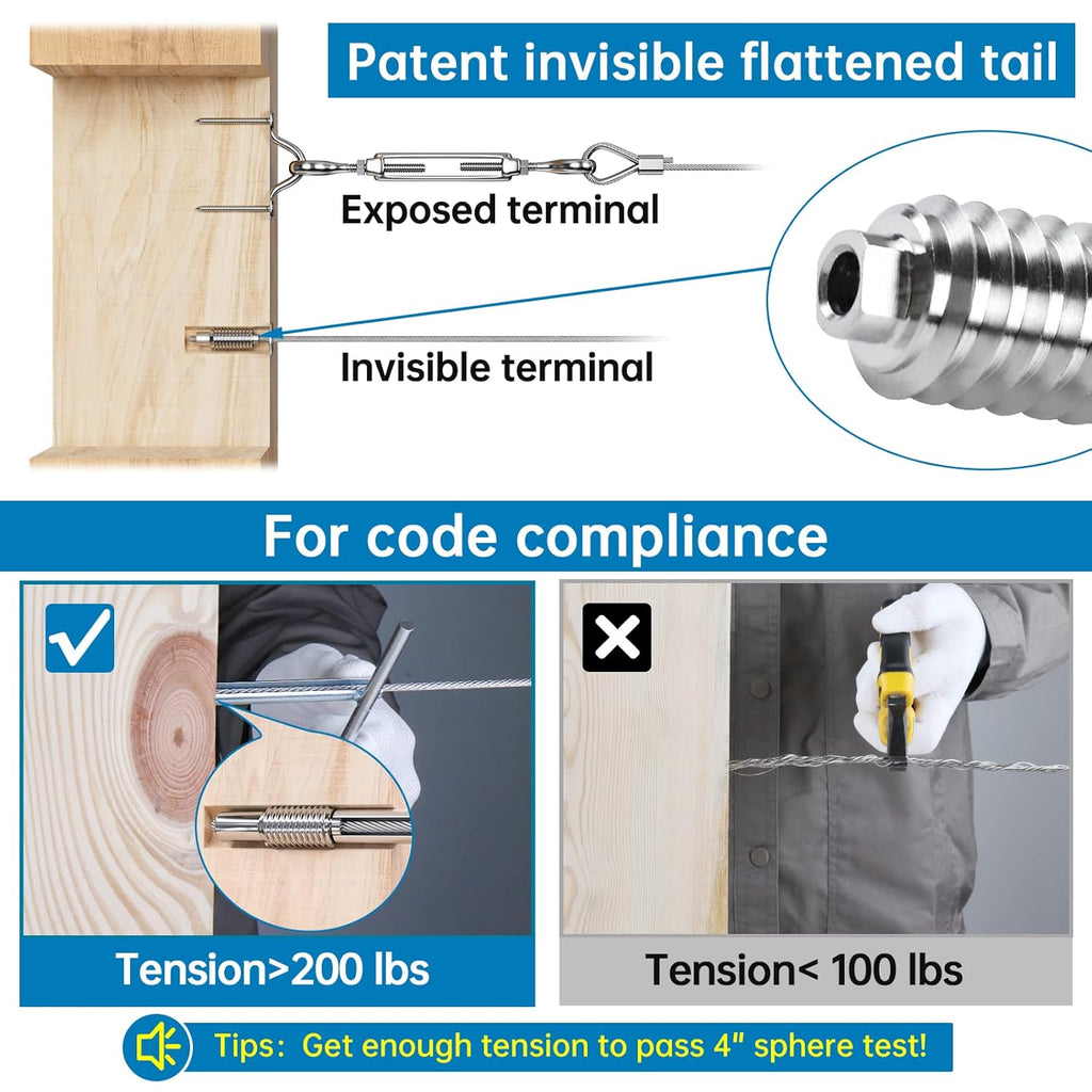 20Pack 1/8" Invisible Cable Railing Kit T316 Stainless Steel for Wood Posts Deck Stairs G3041
